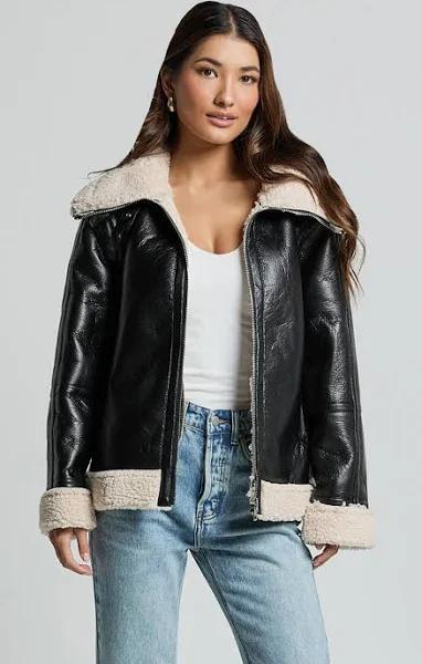 Willa Jacket - Faux Leather Shearling Aviator Jacket in Black