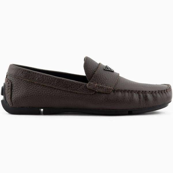 Emporio Armani - Tumbled-leather Driving Shoes, 100% Bovine Leather, Dark Brown, Size: 11