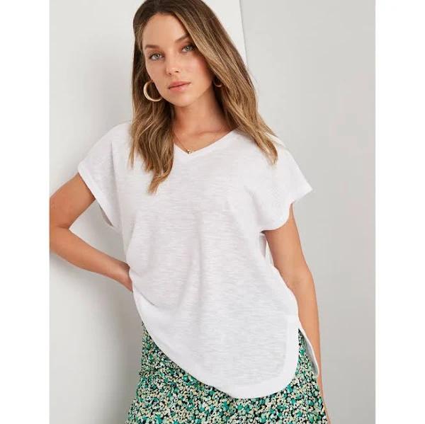 Rockmans Textured Slub Extended Sleeve V Neck Tee - Womens - White