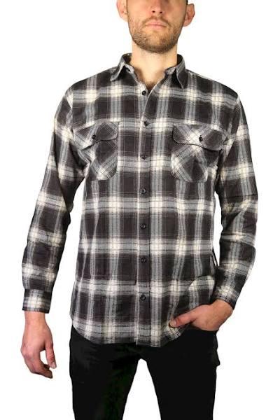 BR Mens Flannelette Long Sleeve Shirt 100% Cotton Check Authentic Flannel - Full Placket - Black - L