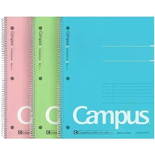 KOKUYO Campus Spiral Notebook, 10-1/2” x 8”, College Ruled, 80 Sheets (160 Pages), Bleed Resistant, Pack of 3 Colors - Pink, Sky Blue, Green, Made