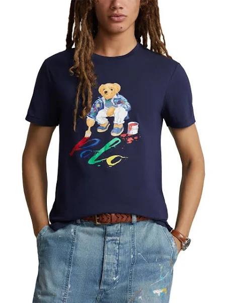 Polo Ralph Lauren Custom Slim Fit Polo Bear Jersey T-Shirt in Cruise Navy Paint Bear, Size S