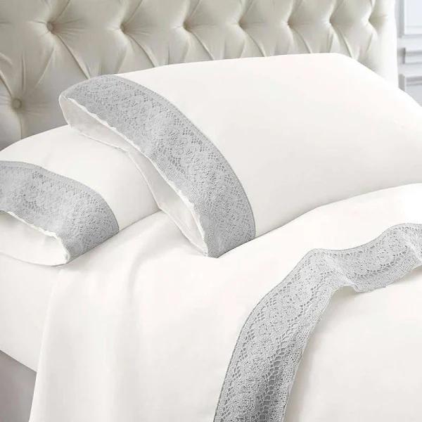 Ramesses CROCHET-LACE Microfibre Sheet Set (White/Silver) - Double