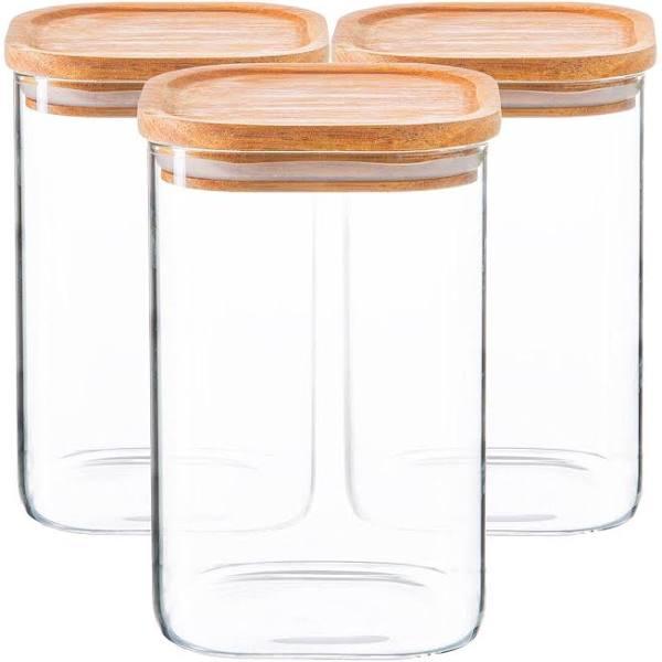 Argon Tableware Square Glass Storage Jars With Wooden Lids - 1.1 Litre - Pack of 3