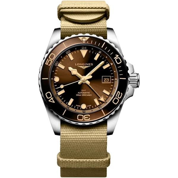 HydroConquest GMT Automatic, Stainless Steel and Ceramic Bezel, Sunray Brown Dial, Strap Watch