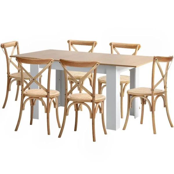 Oikiture 160cm Extendable Dining Table with 6pcs Dining Chairs Crossback Wooden