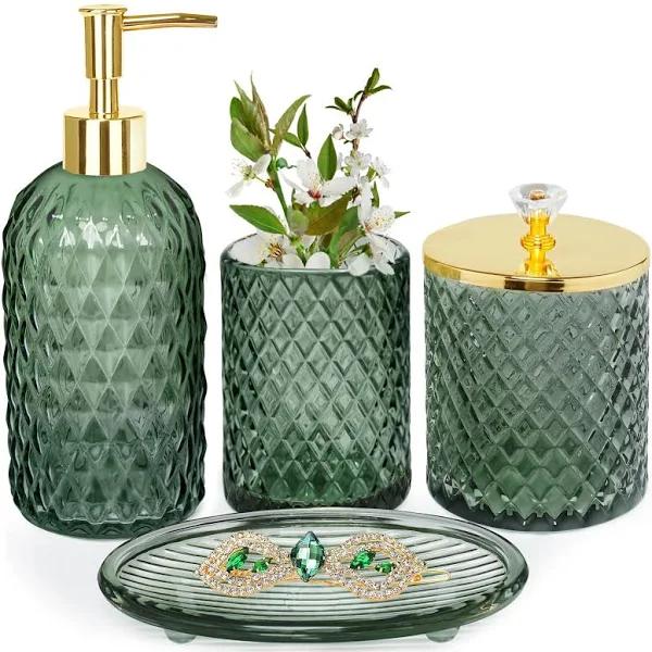 Bathroom Accessories Set, 4pcs Sage Green Glass Bathroom Accessories Sets Complete w/Lotion Soap Dispenser, Toothbrush Holder, Apothecary Jar, Soap