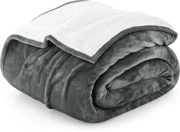 Sherpa Flannel Fleece Reversible Blankets (King)- Grey- Extra Soft Brush Fabric, Super Warm Bed Blanket, Lightweight Cosy Couch Blanket, Easy Care