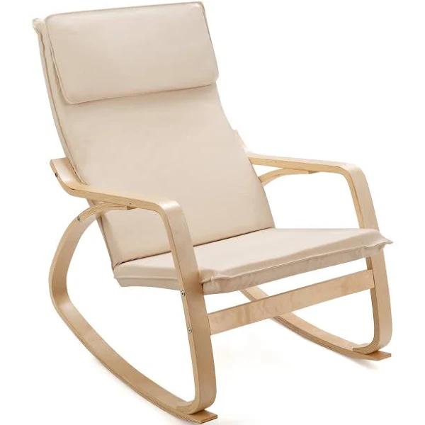 Giantex Bentwood Rocking Chair Fabric Upholstered Armchair Lounge Recliner w/Headrest, Beige - AfterPay & zipPay Available