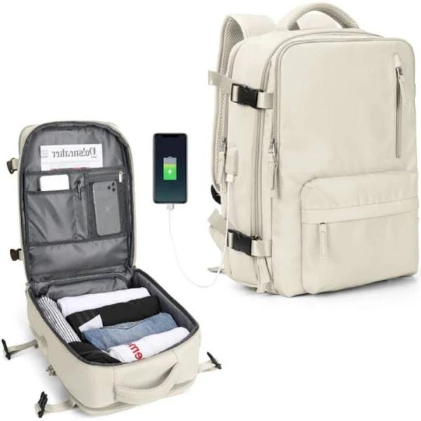 Large Waterproof Travel Backpack with USB Charging Port and Shoe Compartment - Beige