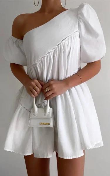 Harleen Mini Dress - Asymmetrical Trim Puff Sleeve Dress in White - Showpo Day Dress Dresses | European Summer Outfit