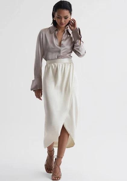 Reiss Tyra - Ivory Silk High-Low Wrap Skirt, 4