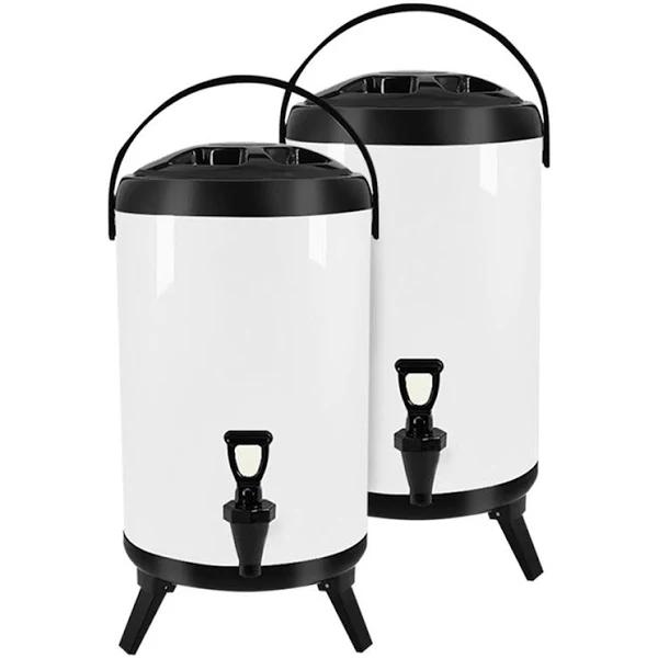 2x 10L Stainless Steel Insulated Milk Tea Barrel Hot and Cold Beverage Dispenser Container with Faucet White