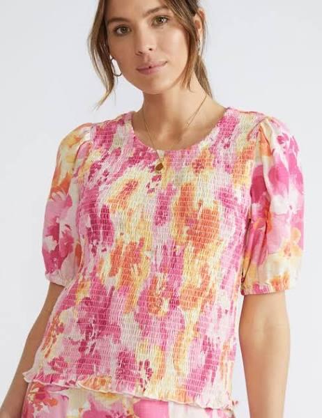 Katies Elbow Sleeve Smocked Top - Size 16 - Womens - Floral Swirl