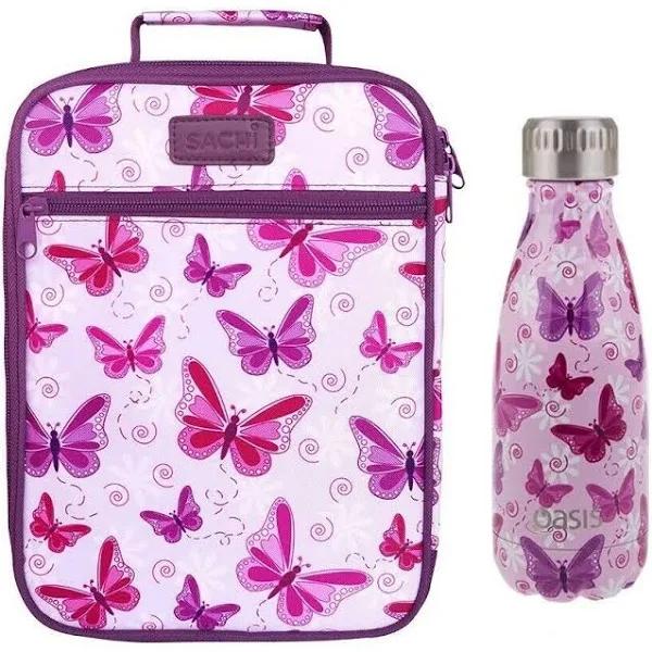 Insulated Lunch Tote Bag with Oasis Drink Bottle 350ml Carry School Butterflies - AfterPay & zipPay Available