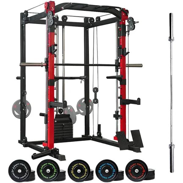 Shop Home Gym Equipment Squat Rack with Cable & Smith Machine SP024 with Weights and Bar with 150kg Bumper Plates