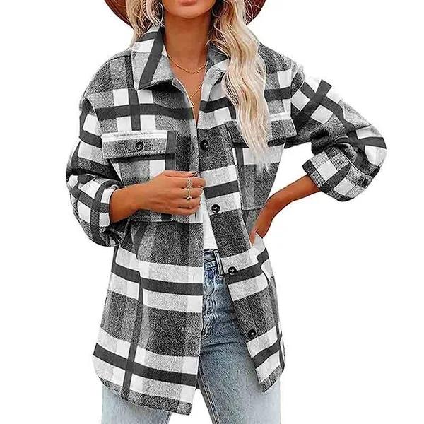 Lookbook Womens Flannel Plaid Shirts with Pockets-Grey - S - AfterPay & zipPay Available