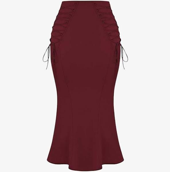 House of CB Sidonie Lace-Up Satin Trumpet Midi Skirt Wine