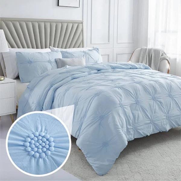 Swift Home King Cal King Baby Blue 3-Piece Down Alternative Comforter Set Bedding Ruched 3D Floral Pintuck All-season, Machine Washable