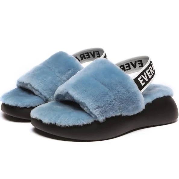 EVERAU Sheepskin Wool Slingback Fluffy Slides Women Miss Ever