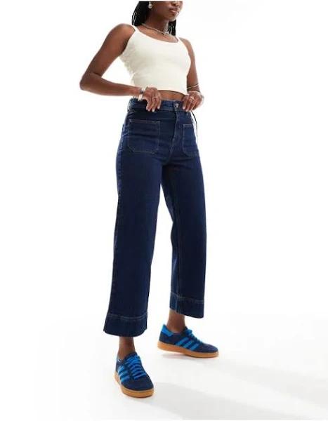 River Island Wide Leg Crop Jeans in midwash Blue