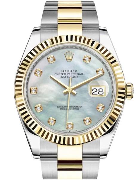 Rolex 126333 Datejust 41 Mother of Pearl Diamond Dial Yellow Gold Fluted Bezel Mens Watch | WatchGuyNYC