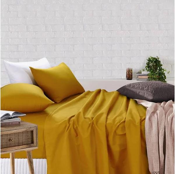 Amsons Royale Cotton Sheet Set - Fitted Flat Sheet With Pillowcases - Mustard Queen