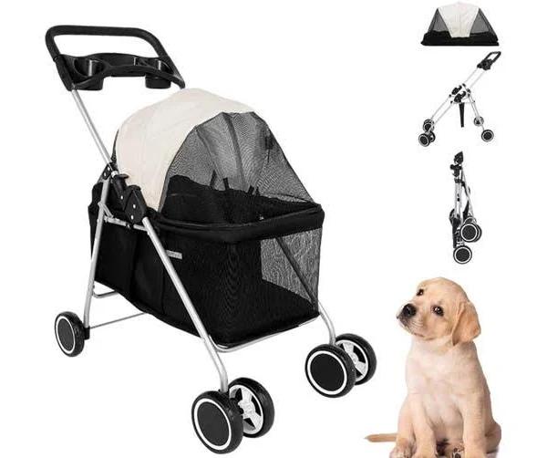 EZONEDEAL 4 Wheels Pet Stroller Dog Cat Carrier Travel Pushchair Foldable Pram With Mesh Windows Puppy Jogger Folding Stroller For Small & Medium Pets