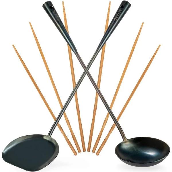 YOSUKATA Pre-Seasoned Wok Utensils Set - Blue Carbon Steel 17-inch Wok Spatula, Wok Ladle, 3 Pairs of Chopsticks - Durable Wok Accessories -