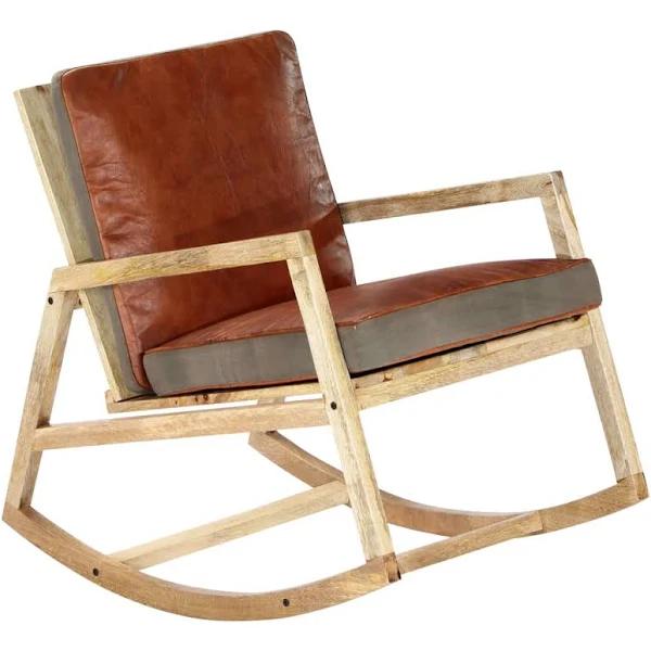 vidaXL Rocking Chair Brown Real Leather and Solid Mango Wood