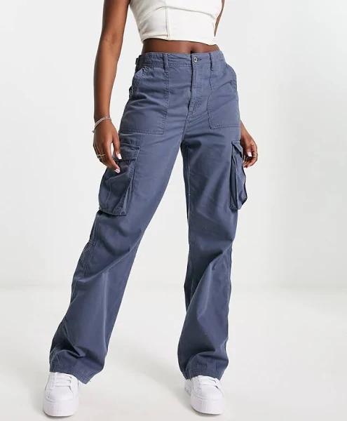 Bershka straight leg cargo pants in graphite blue