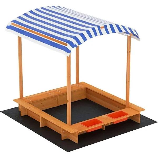 Keezi Kids Sandpit Wooden Sandbox Sand Pit with Canopy Water Basin Toys 146cm