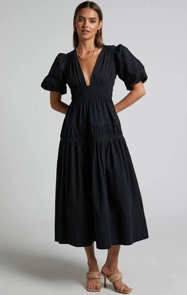 Mellie Midi Dress - Puff Sleeve Plunge Tiered Dress in Black