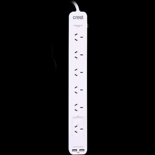 Crest Power Board Strip w/ USB-A Ports - White 2PK 6-Socket