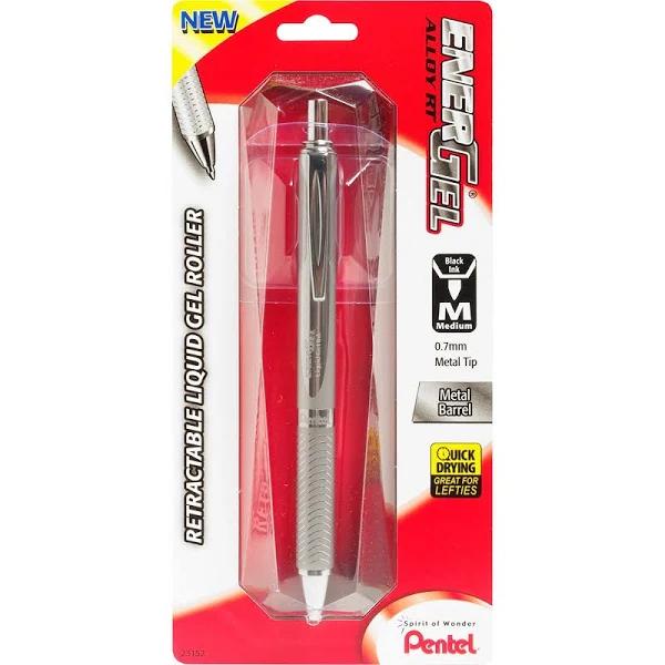 Pentel Energel Alloy RT Gel Pen Medium Metal Tip Silver Barrel Black Ink 1 Each (BL407BP)