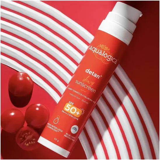 Aqualogica Detan + Dewy Sunscreen with Cherry Tomato & Hyaluronic Acid, SPF 50+ & PA++++ - 50 GM