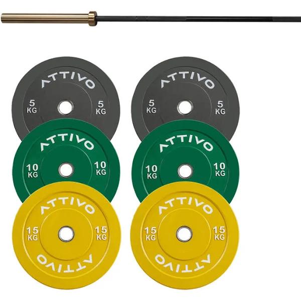 ATTIVO Olympic Bar 20kg and Bumper Weight Plates Combo | Gym Plus Australia Zeus Bar 20kg + 60kg Colour Plates