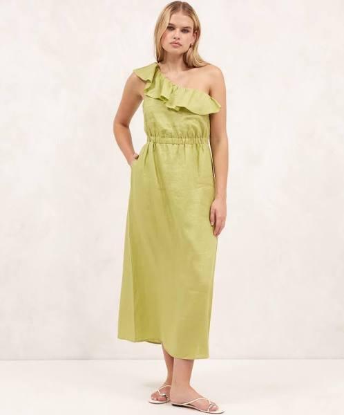 AERE - Women's Green Midi Dresses - Linen One Shoulder Midi Dress - Size 12 at The Iconic