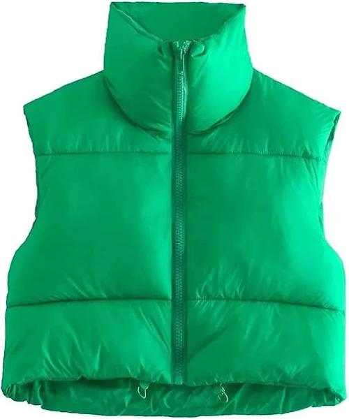 Keomud Women's Winter Crop Vest Lightweight Sleeveless Warm Outerwear Puffer Vest Padded Gilet Green 3XL