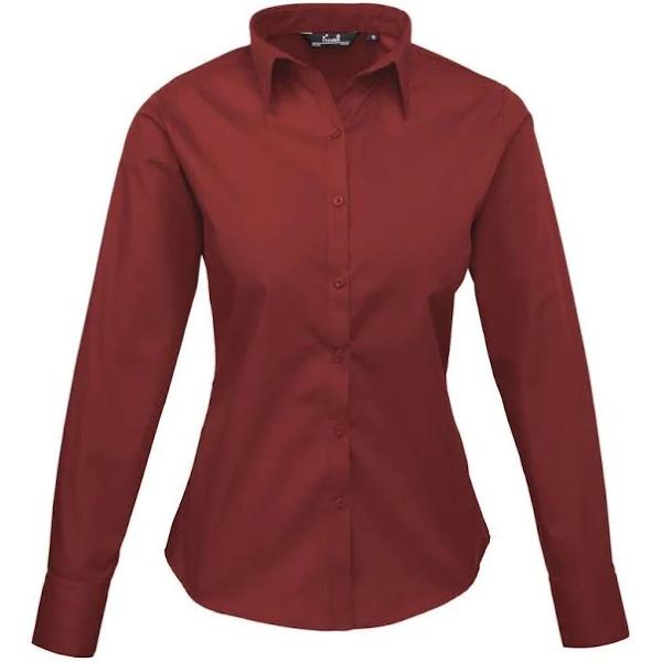 Premier Womens/Ladies Poplin Long Sleeve Blouse / Plain Work Shirt Burgundy 24