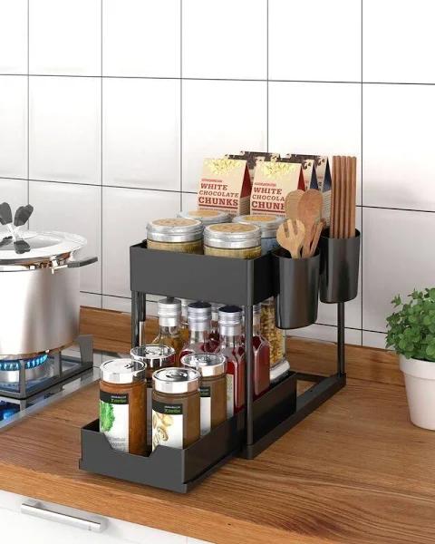 Kitchen Organiser Spice Rack Home Storage Stand Shelf Drawer Black