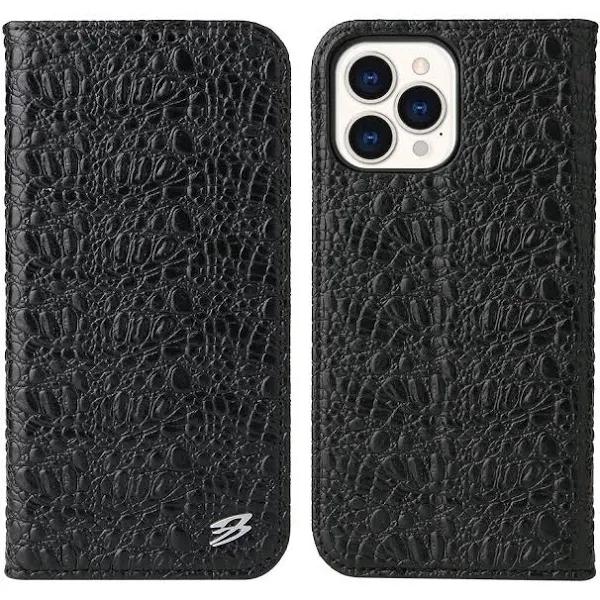 For iPhone 14 Pro Case Crocodile Pattern Genuine Cow Wallet Leather Cover Black - AfterPay & zipPay Available