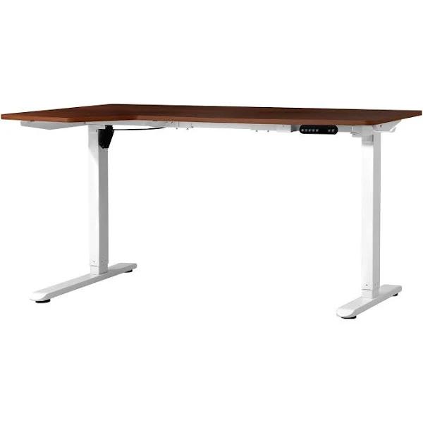 Oikiture L-Shape Electric Standing Desk Single Motor White Frame 145cm Walnut Desktop