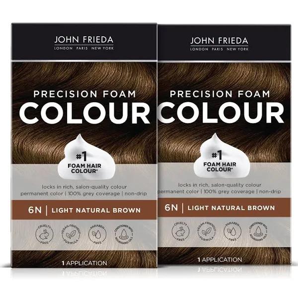 John Frieda Precision Foam Hair Color, Light Natural Brown 6N, Full-Coverage Hair Color Kit, with Thick Foam for Deep Color Saturation (Pack of 2)