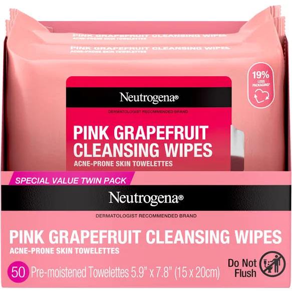 Neutrogena Pink Grapefruit Acne-Prone Skin Oil-Free Cleansing Wipes, 25 Sheets, 2 CT