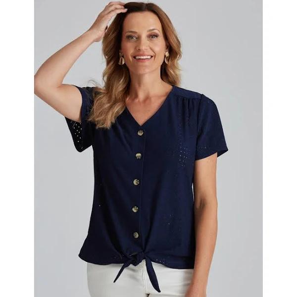 Millers Knit Broidery Tie Front Top - Navy - Womens - Size 10 - Ezibuy