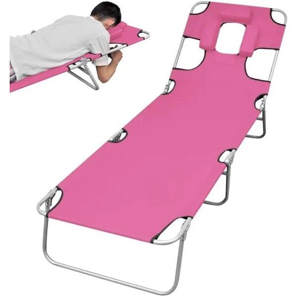 Headrest Pillow Folding Sun Lounger Recliner Outdoor Beach Deck Chair Pink - AfterPay & zipPay Available