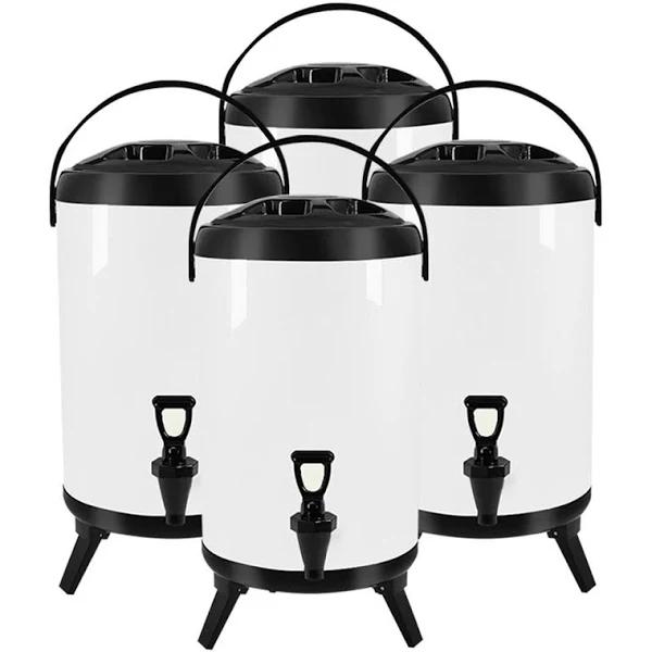 4x 14L Stainless Steel Insulated Milk Tea Barrel Hot and Cold Beverage Dispenser Container with Faucet White