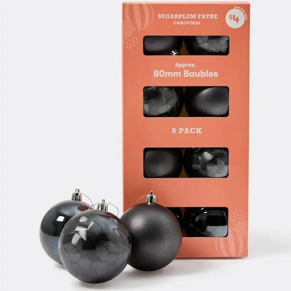 Sugarplum Fayre Christmas Baubles Charcoal 8 Pack 80mm