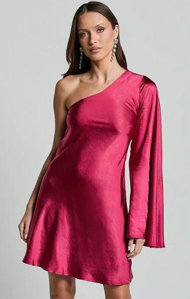 Karla Mini Dress - One Shoulder Long Sleeve Dress in Pink